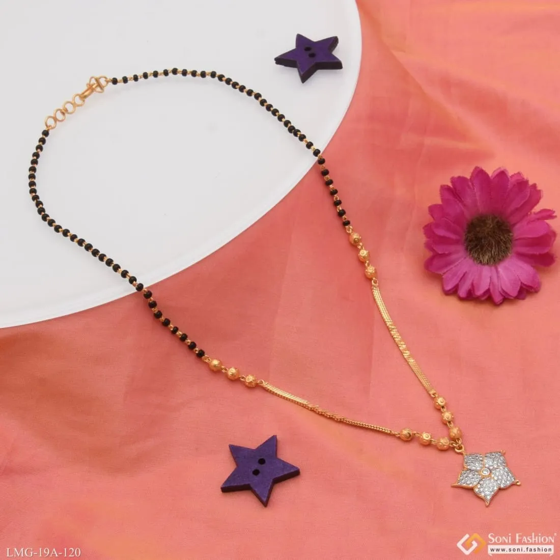 Floral Diamond-Embellished 1-Gram Gold Mangalsutra - Unique Design Style A120