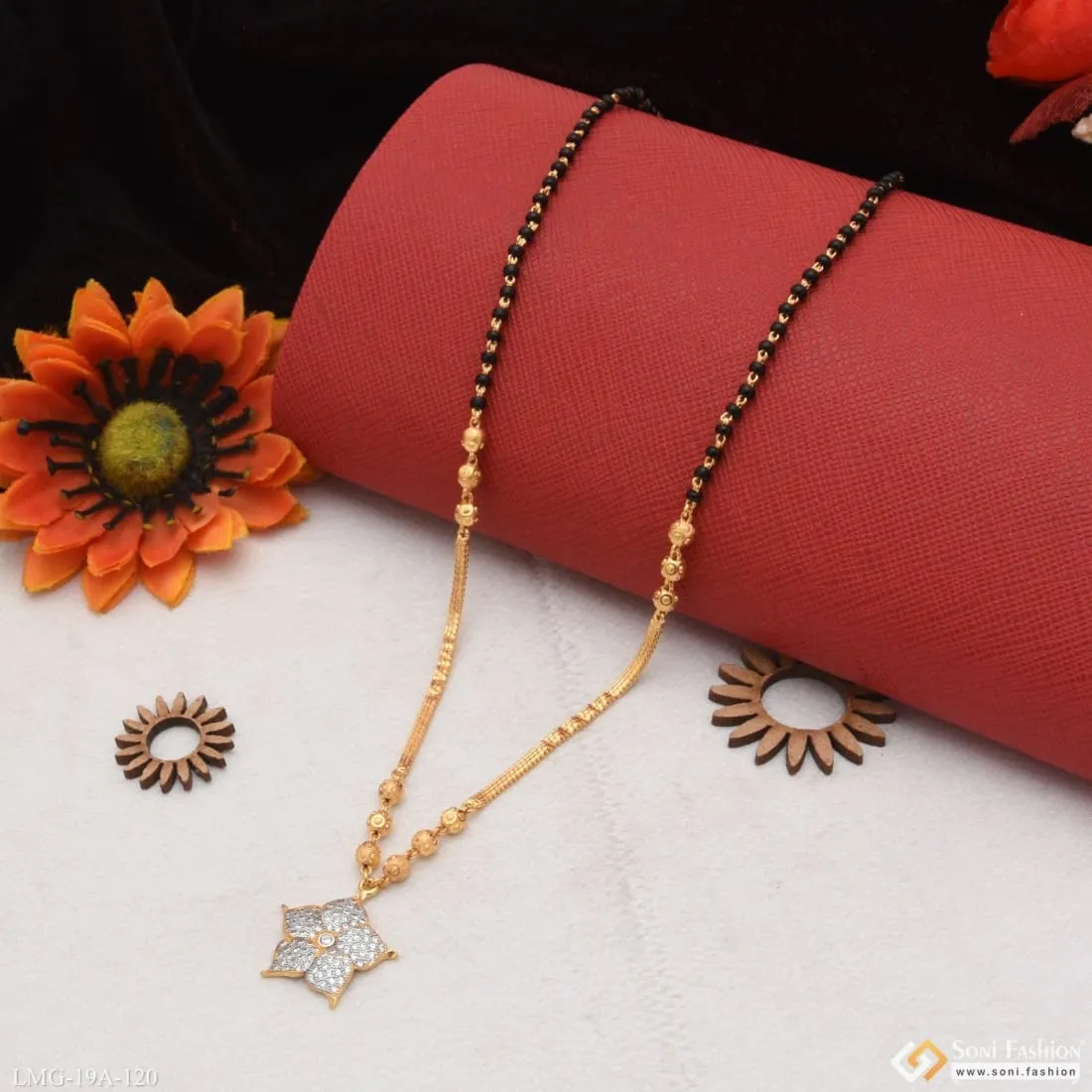 Floral Diamond-Embellished 1-Gram Gold Mangalsutra - Unique Design Style A120