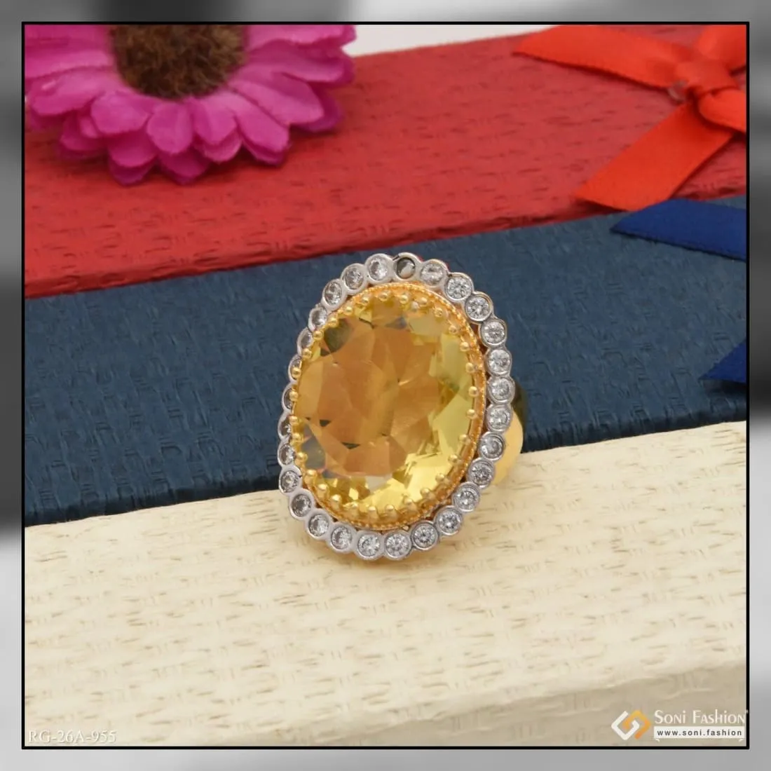 1 Gram Gold Forming Yellow Colour with Diamond Elegant Design Ring - Style A955