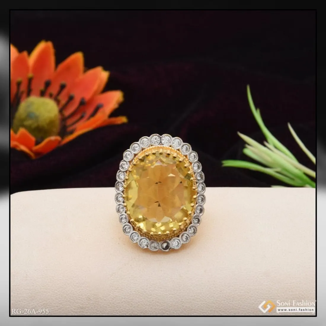 1 Gram Gold Forming Yellow Colour with Diamond Elegant Design Ring - Style A955