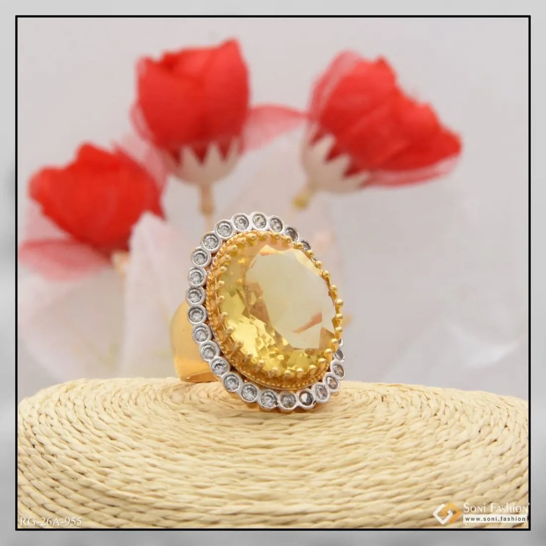 1 Gram Gold Forming Yellow Colour with Diamond Elegant Design Ring - Style A955