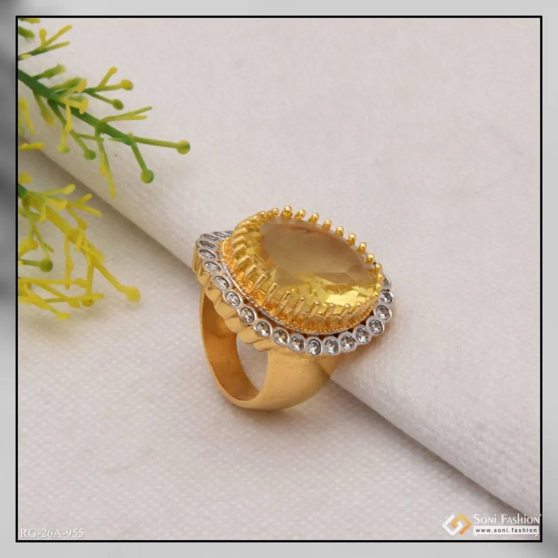 1 Gram Gold Forming Yellow Colour with Diamond Elegant Design Ring - Style A955