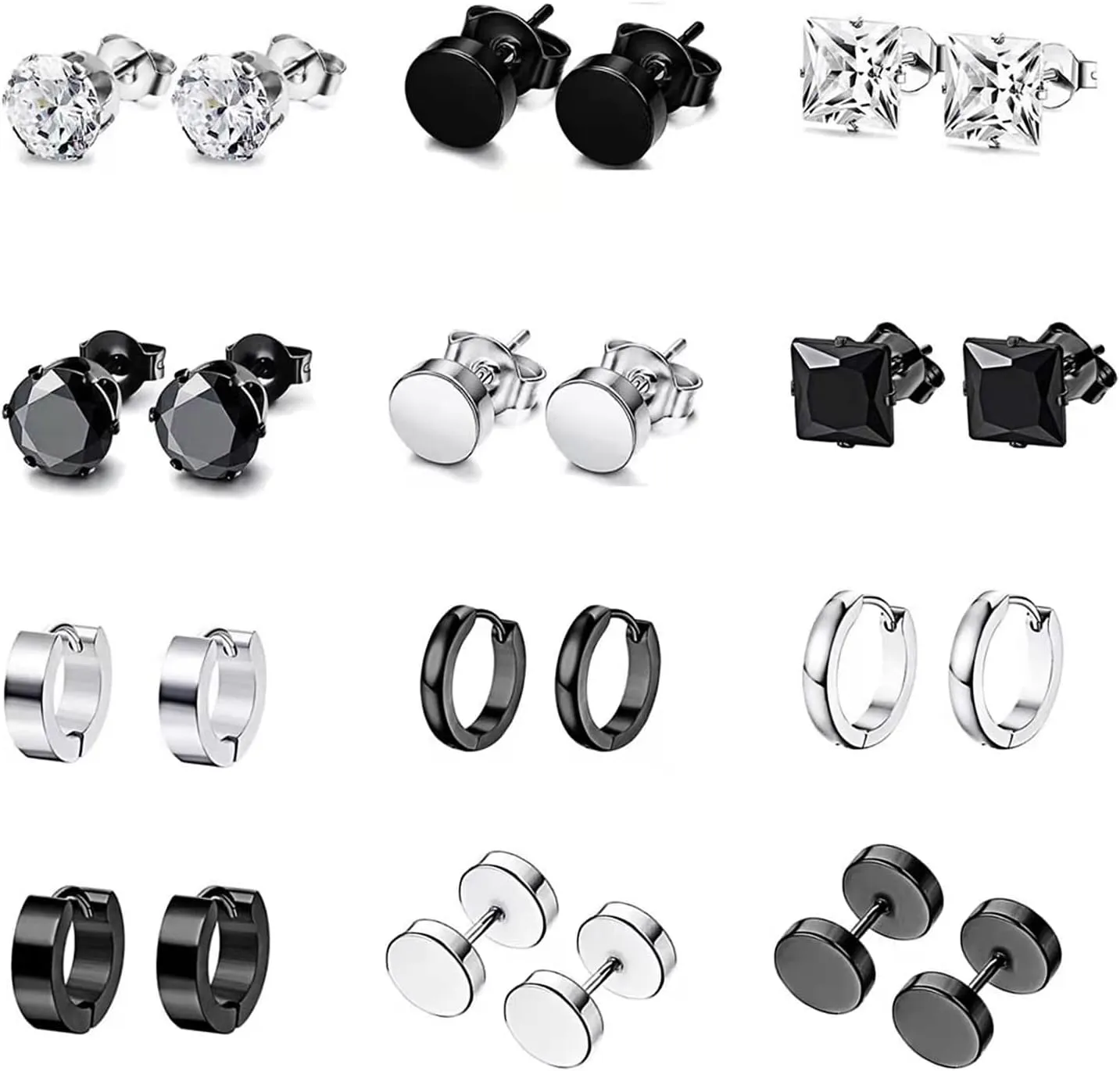 10-12 Pairs Earrings for Men Women, Stainless Steel Black Stud Earrings Set for Boys Girls Gift with Box