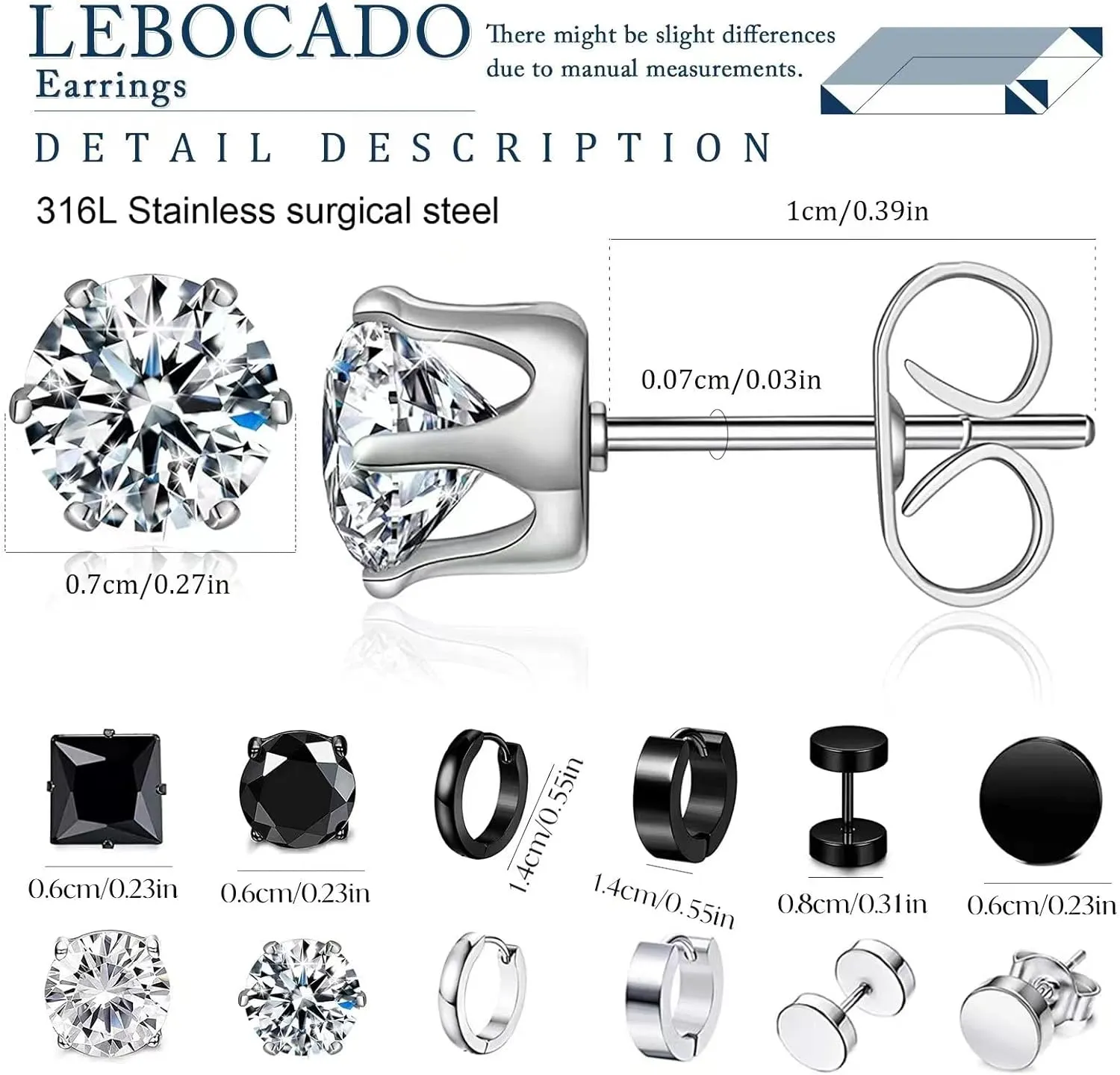 10-12 Pairs Earrings for Men Women, Stainless Steel Black Stud Earrings Set for Boys Girls Gift with Box
