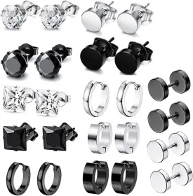 10-12 Pairs Earrings for Men Women, Stainless Steel Black Stud Earrings Set for Boys Girls Gift with Box