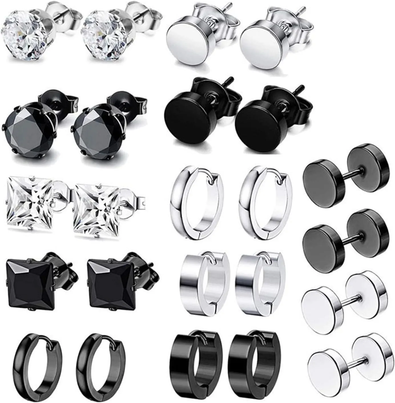 10-12 Pairs Earrings for Men Women, Stainless Steel Black Stud Earrings Set for Boys Girls Gift with Box