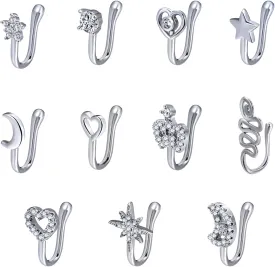 11 Pcs Nose Clips Multi-Style Fake Noses Rings for Women and Men Nose Ring Clip Copper Non-Piercing Crystal Accents Non Pierced Nose Jewelry