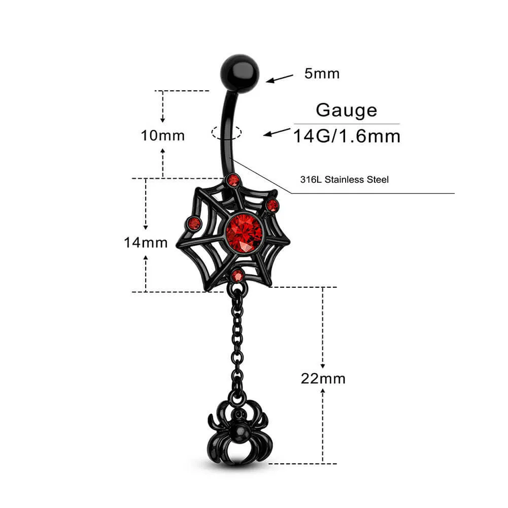 14G Black & Red Spider Spiderweb Dangle Belly Ring