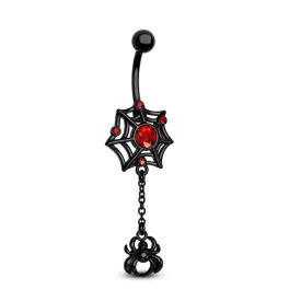 14G Black & Red Spider Spiderweb Dangle Belly Ring
