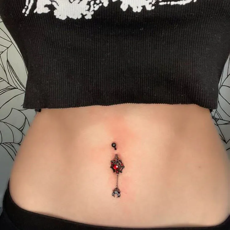 14G Black & Red Spider Spiderweb Dangle Belly Ring