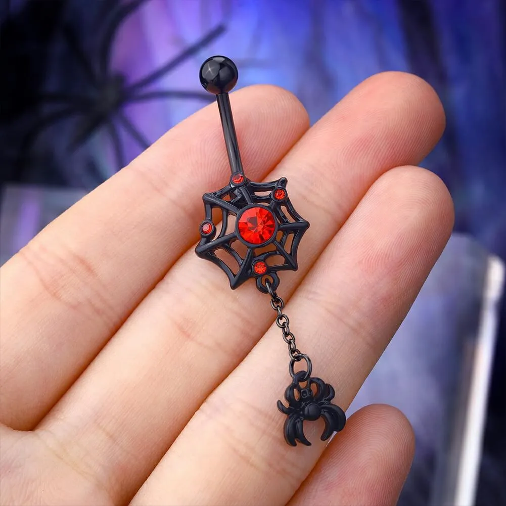 14G Black & Red Spider Spiderweb Dangle Belly Ring
