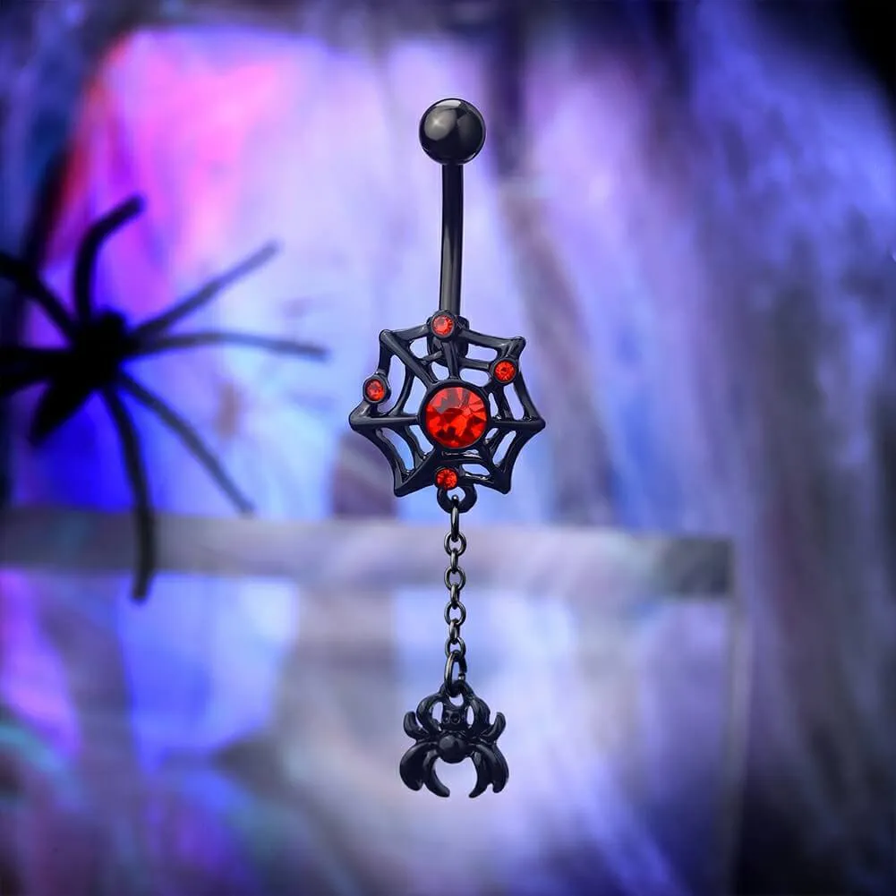 14G Black & Red Spider Spiderweb Dangle Belly Ring