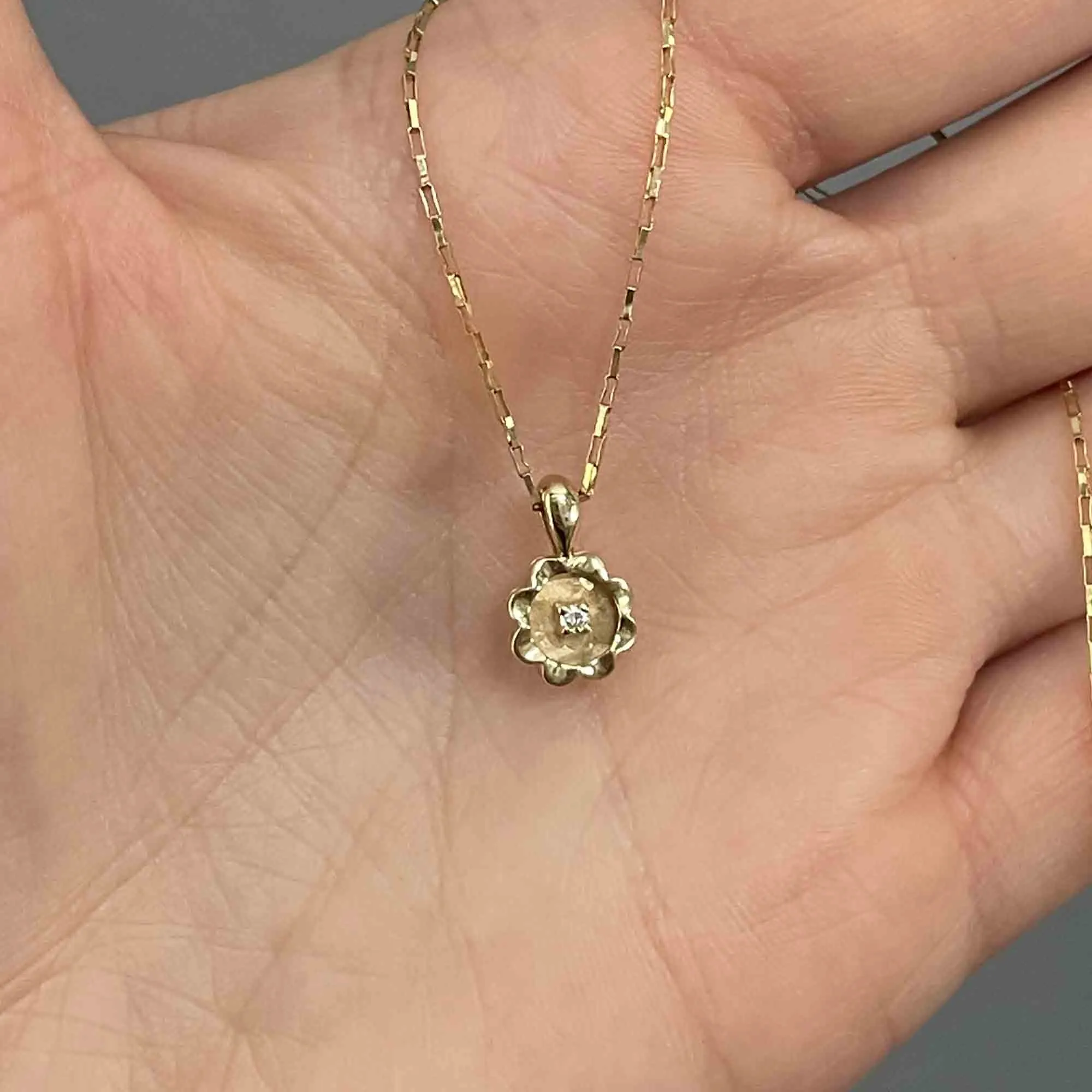 14K Gold Diamond Solitaire Buttercup Pendant Necklace