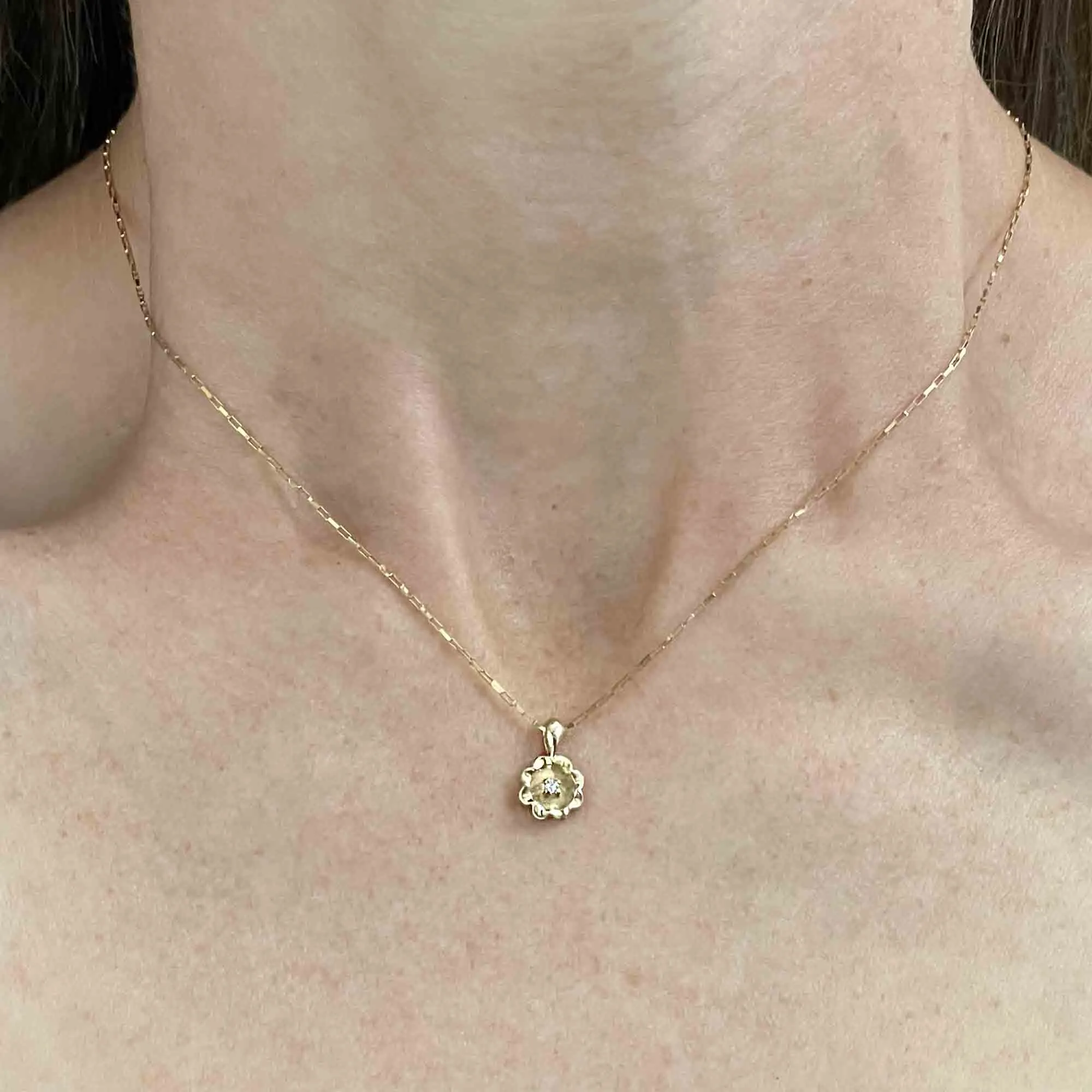 14K Gold Diamond Solitaire Buttercup Pendant Necklace