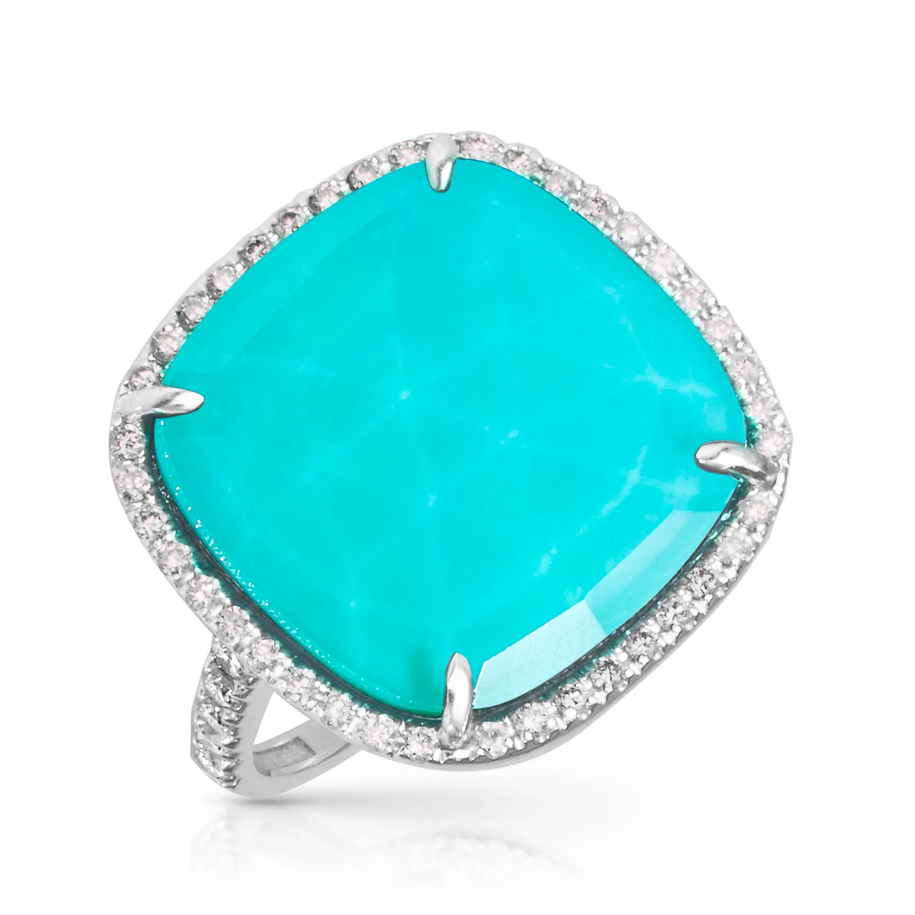 Elegant 14KT White Gold Cushion Cut Diamond and Turquoise Doublet Cocktail Ring