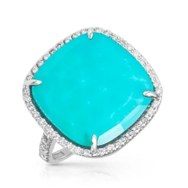 Elegant 14KT White Gold Cushion Cut Diamond and Turquoise Doublet Cocktail Ring