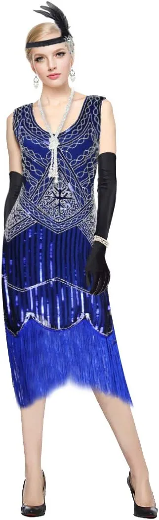 1920s Gatsby Sequin Fringed Paisley Flapper Dress with 20s Accessories Set