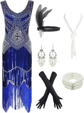1920s Gatsby Sequin Fringed Paisley Flapper Dress with 20s Accessories Set