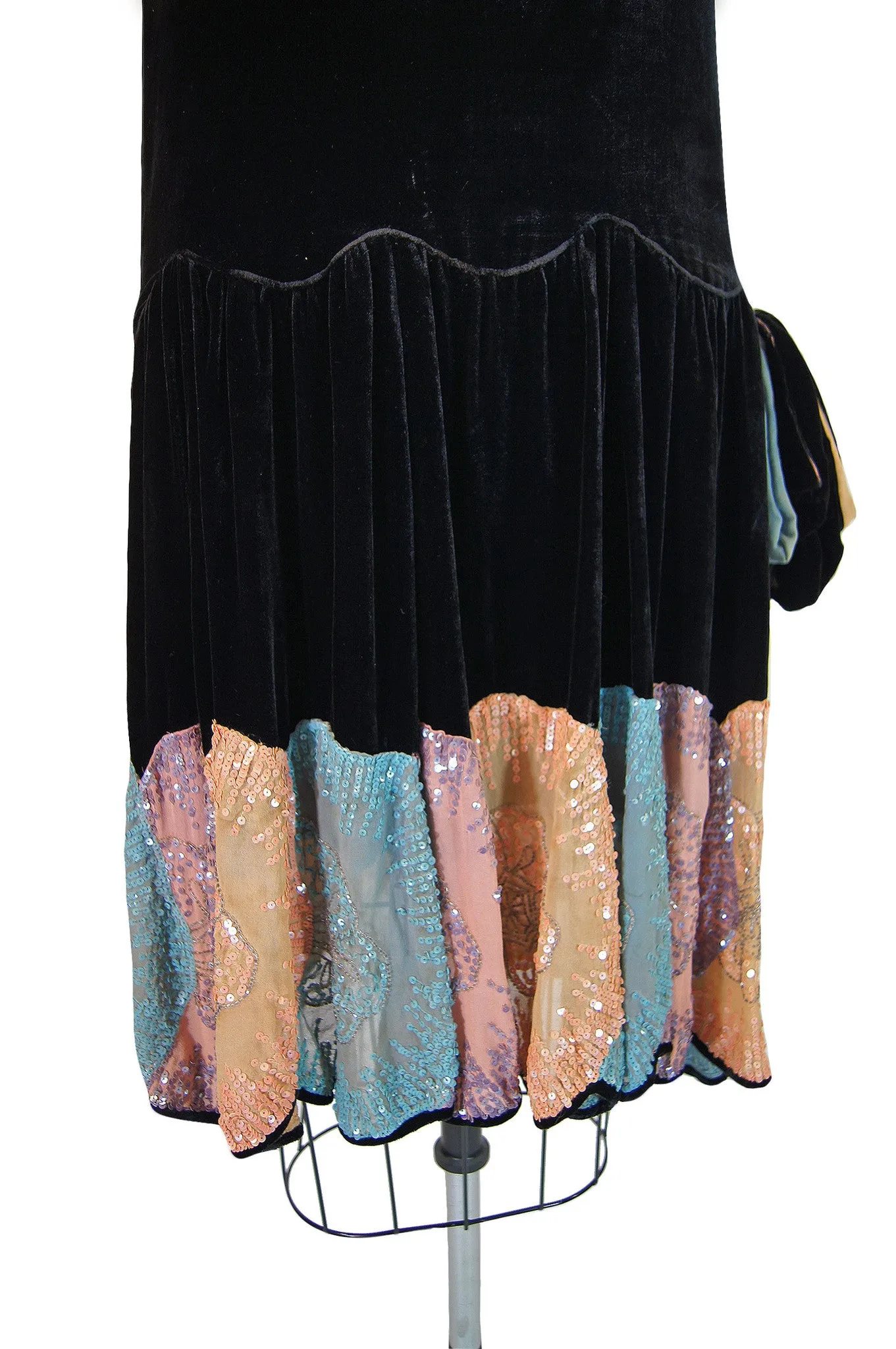 1920s Silk Velvet Sequin Hem Dress