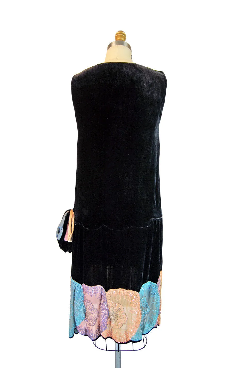 1920s Silk Velvet Sequin Hem Dress