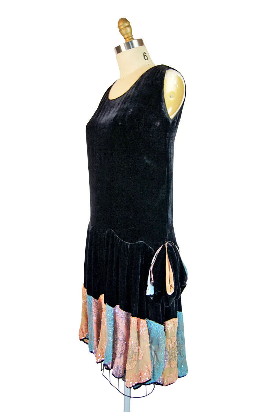 1920s Silk Velvet Sequin Hem Dress