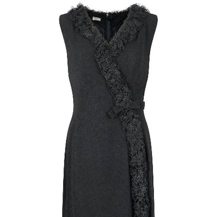 1960s Black Crepe Wrap Over Lace Ruffle Hem Dress