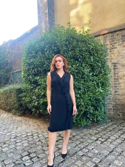 1960s Black Crepe Wrap Over Lace Ruffle Hem Dress