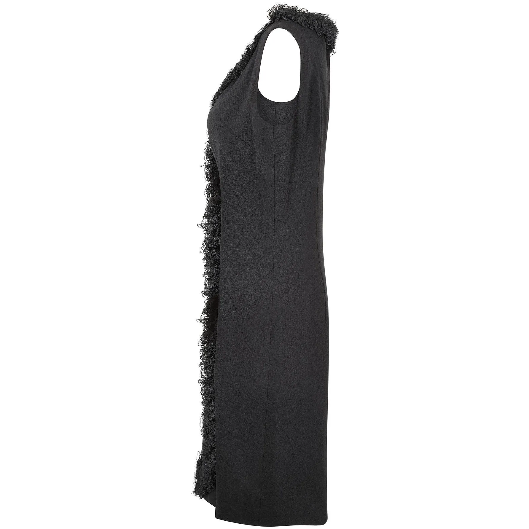 1960s Black Crepe Wrap Over Lace Ruffle Hem Dress