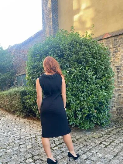 1960s Black Crepe Wrap Over Lace Ruffle Hem Dress
