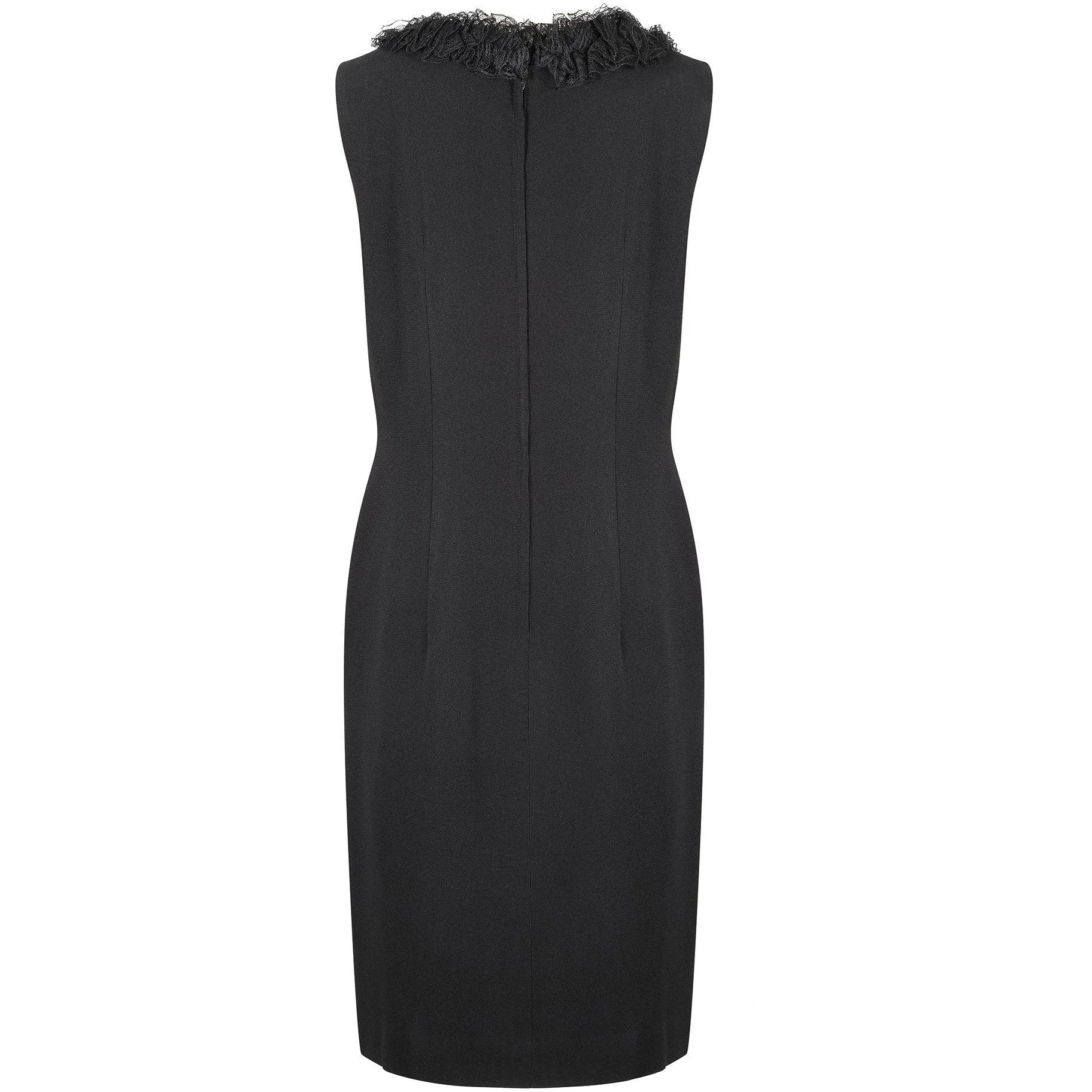 1960s Black Crepe Wrap Over Lace Ruffle Hem Dress