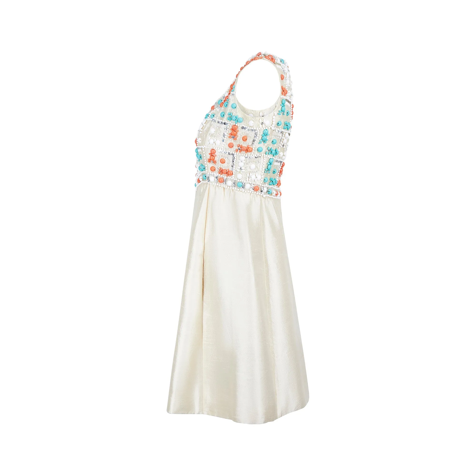 1960s Gino Charles Cream Silk Beaded Dress