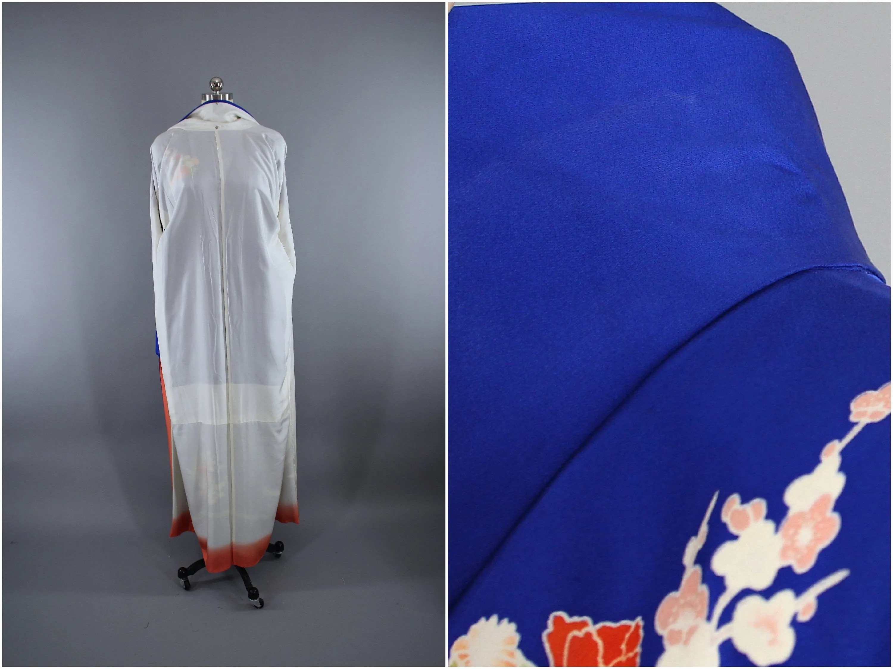1960s Vintage Kimono Robe / Royal Blue Floral