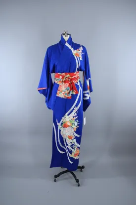 1960s Vintage Kimono Robe / Royal Blue Floral