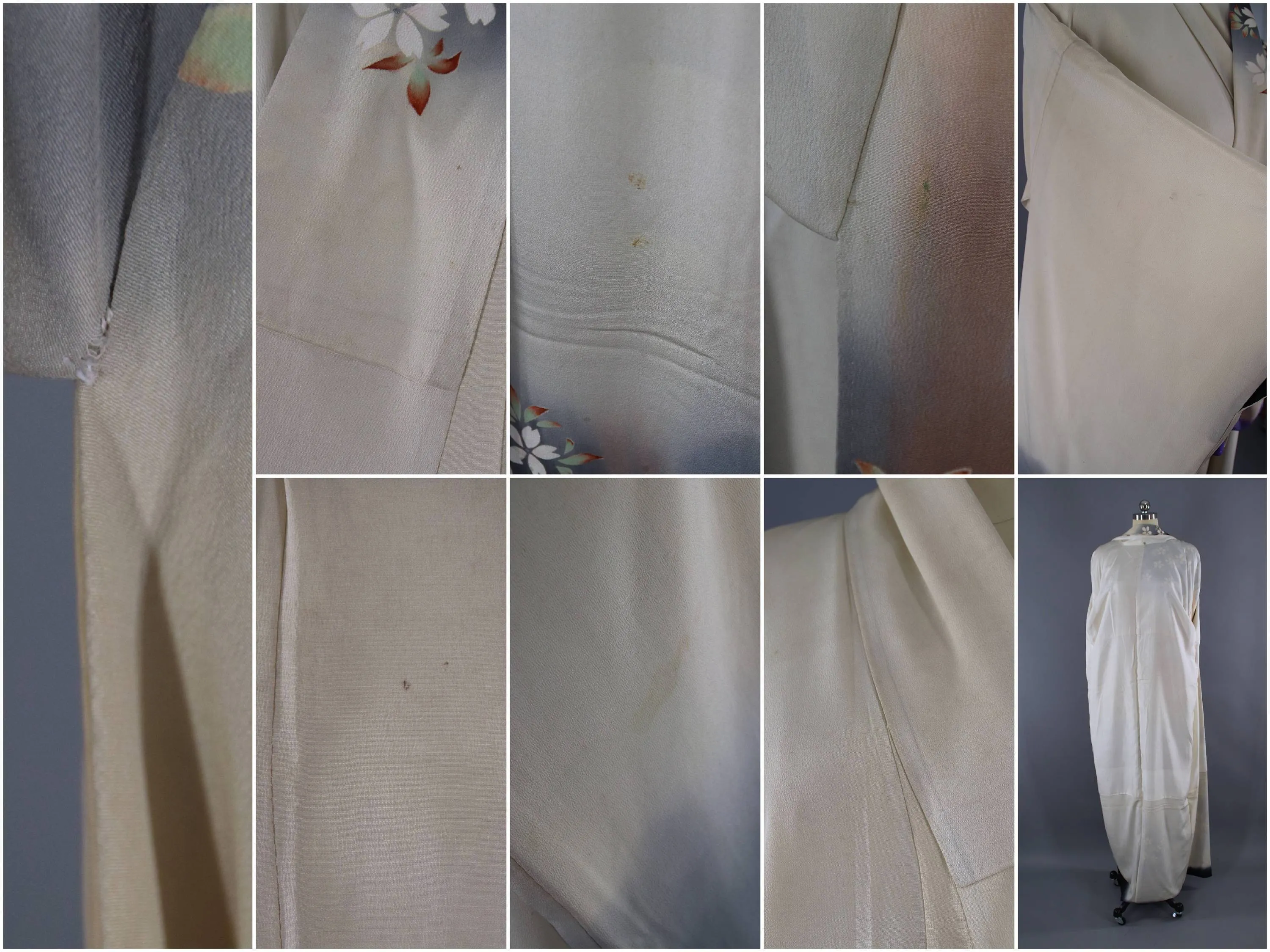 1960s Vintage Silk Kimono Robe Furisode / Ivory Grey Floral Print
