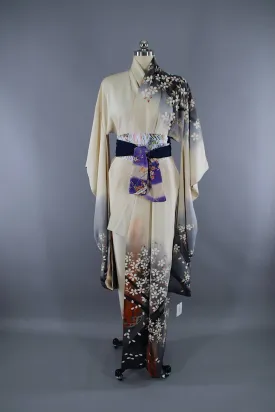 1960s Vintage Silk Kimono Robe Furisode / Ivory Grey Floral Print