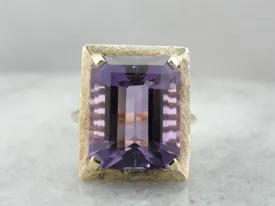 1970's Amethyst Cocktail Ring with Perfect Brushed Finish, Yellow Gold Frame