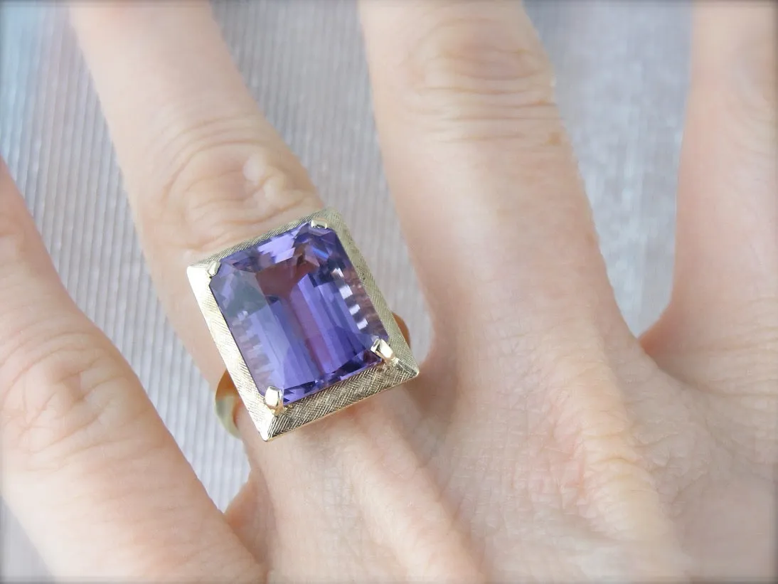 1970's Amethyst Cocktail Ring with Perfect Brushed Finish, Yellow Gold Frame