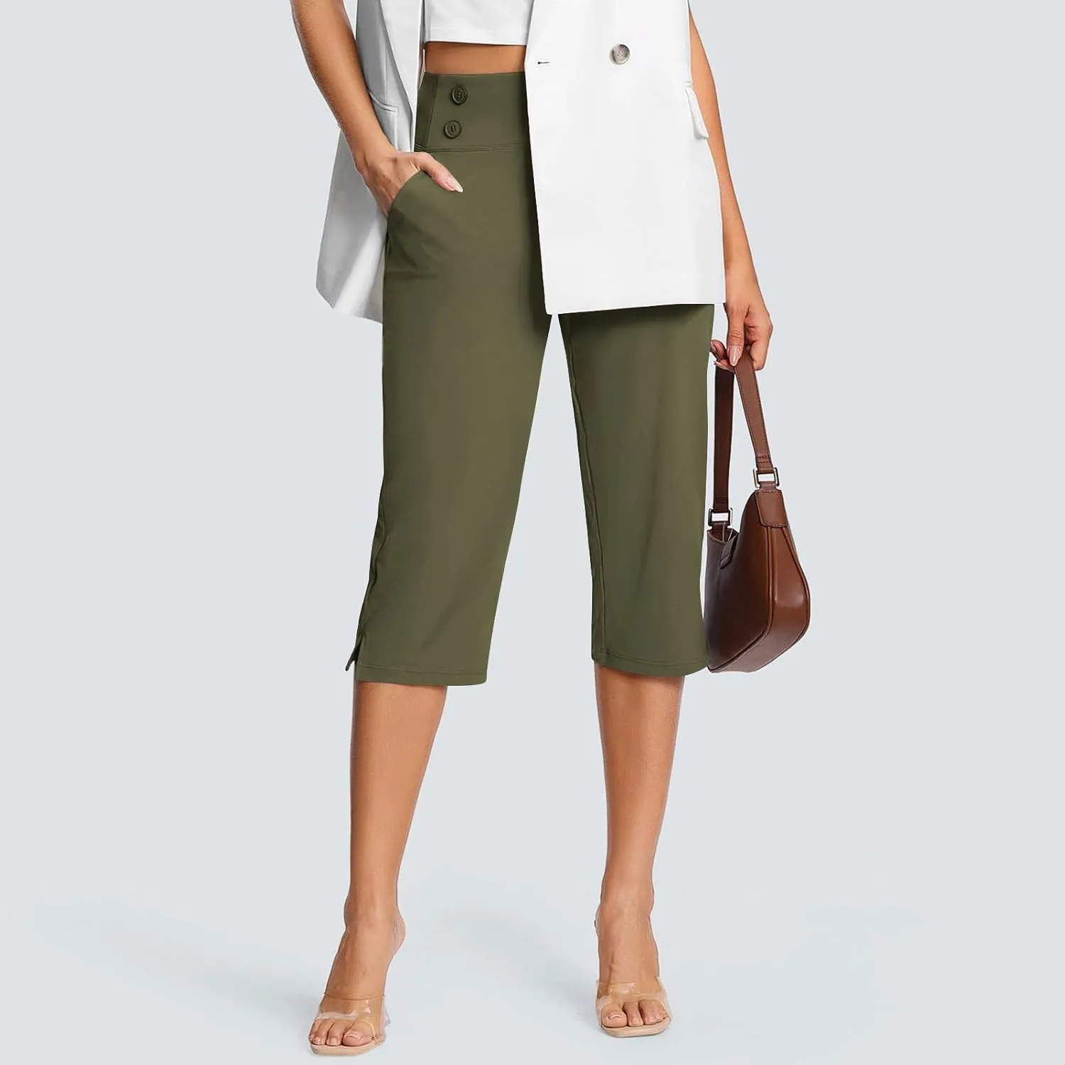 2025 Capri Pants for Women Petite Length High Waist Tummy Control Cropped Pants Dressy Trousers with Pockets