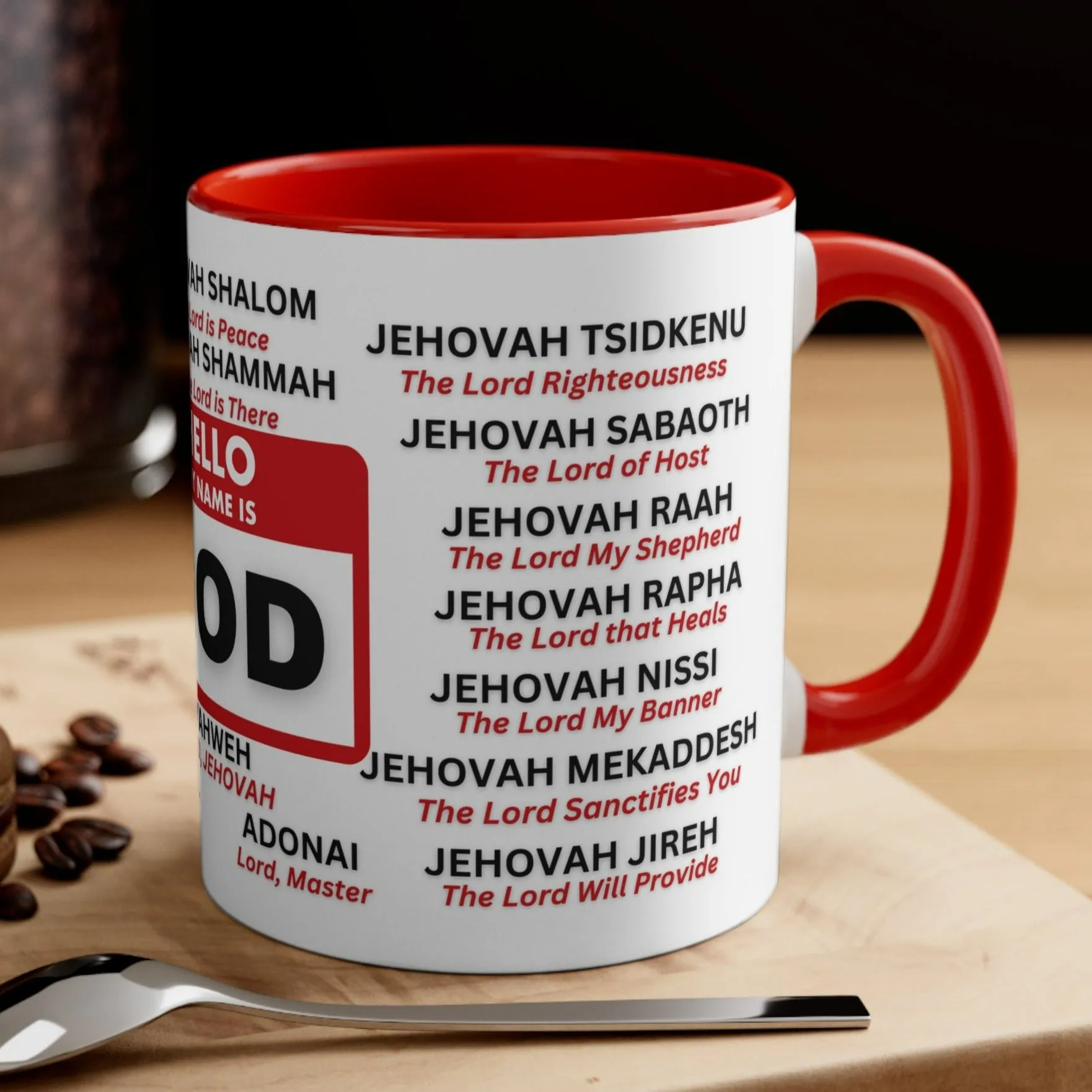 21 NAMES OF GOD Mug Names of God Mugs Religious Mug Christian Messages - Red Accent