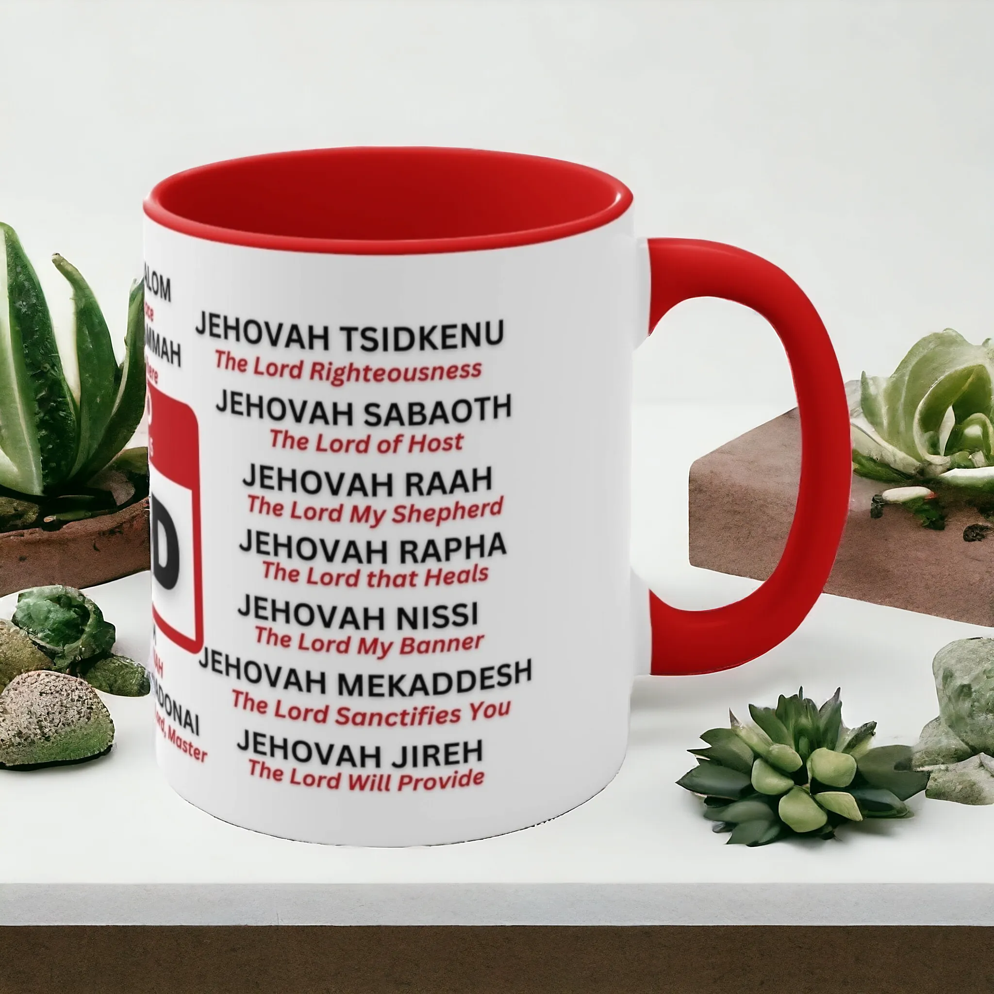 21 NAMES OF GOD Mug Names of God Mugs Religious Mug Christian Messages - Red Accent