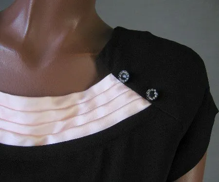 40s Vintage Women's Dress Cocktail LBD Pink Satin Rhinestone Accents Medium VFG