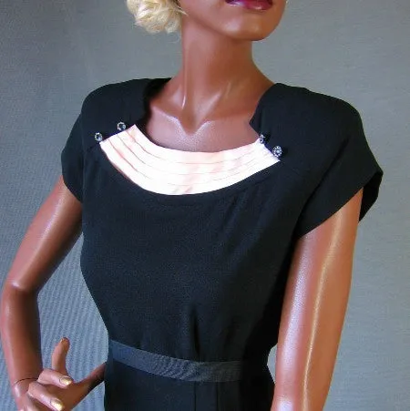 40s Vintage Women's Dress Cocktail LBD Pink Satin Rhinestone Accents Medium VFG
