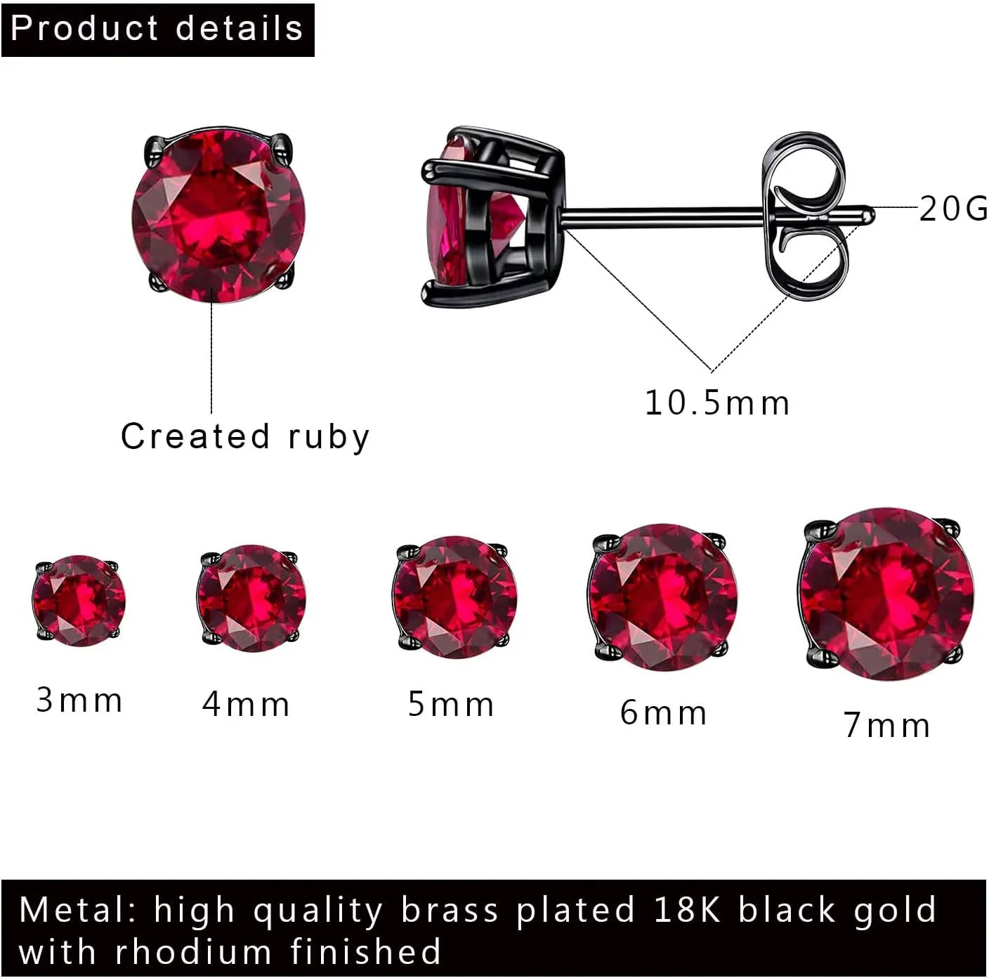 5 Pairs Stud Earrings Set for Men 18K Black Gold Plated 3/4/5/6/7mm Round Crystal Ear Piercing Hypoallergenic Jewelry Women