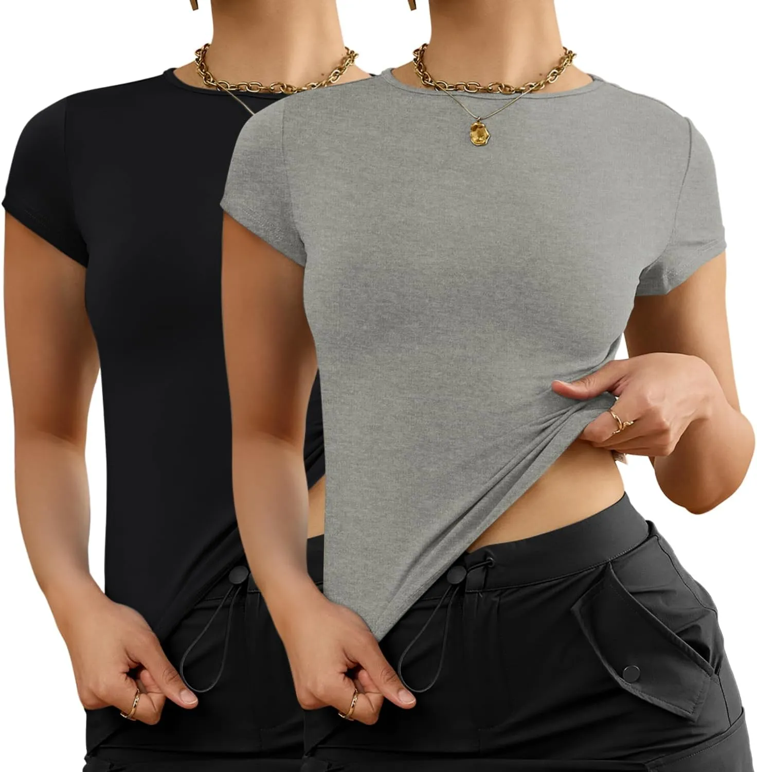 AKEWEI Long Sleeve Crop Tops for Women 2 Pack Fall Going Out Outfits Cute Tight Basic Tees Shirt