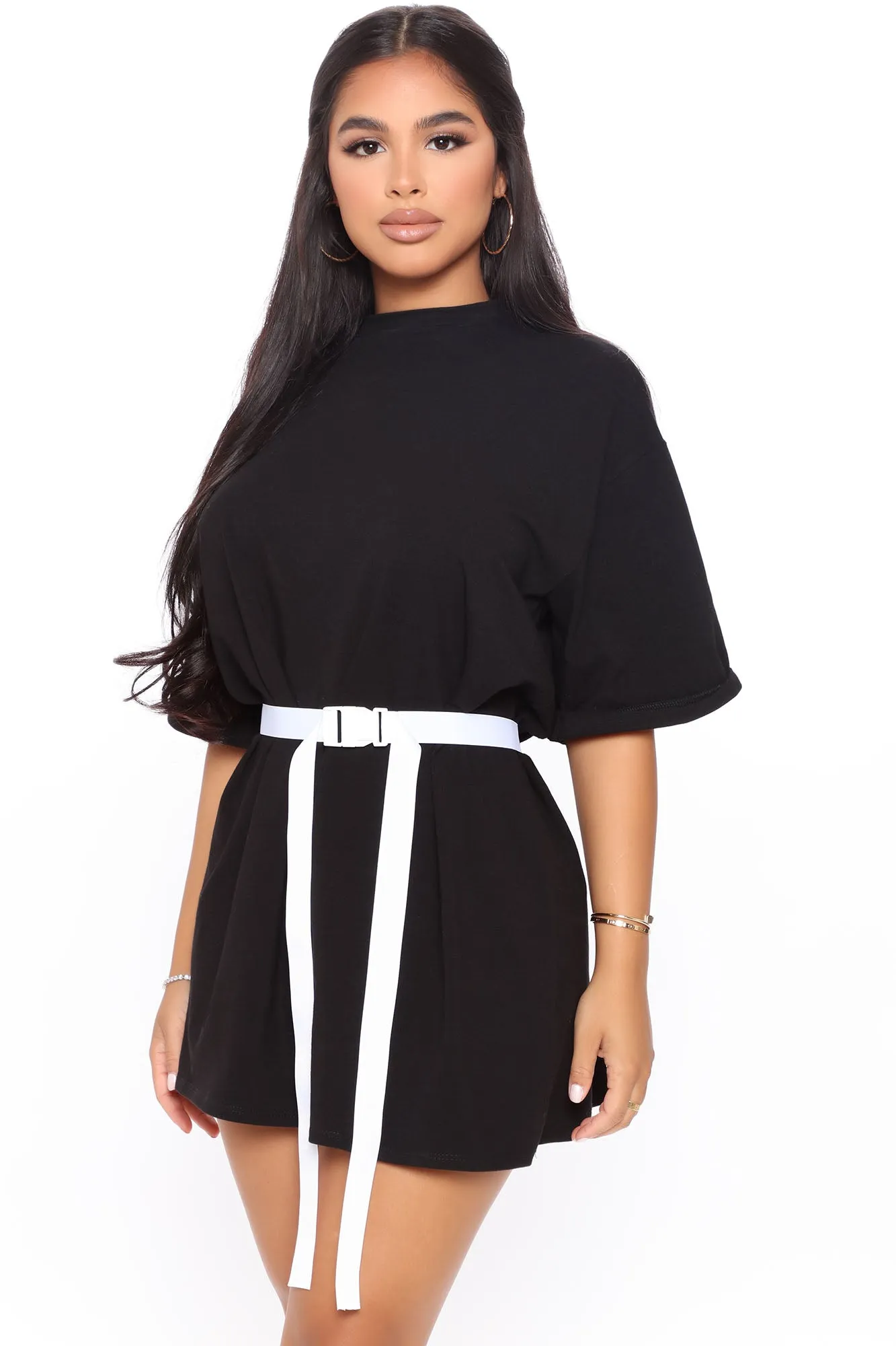 All Buckled In Belted Tee Dress - Black