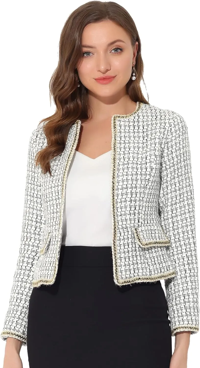 Allegra K Women's Christmas Plaid Tweed Blazer Long Sleeve Open Front Work Office Short Jacket
