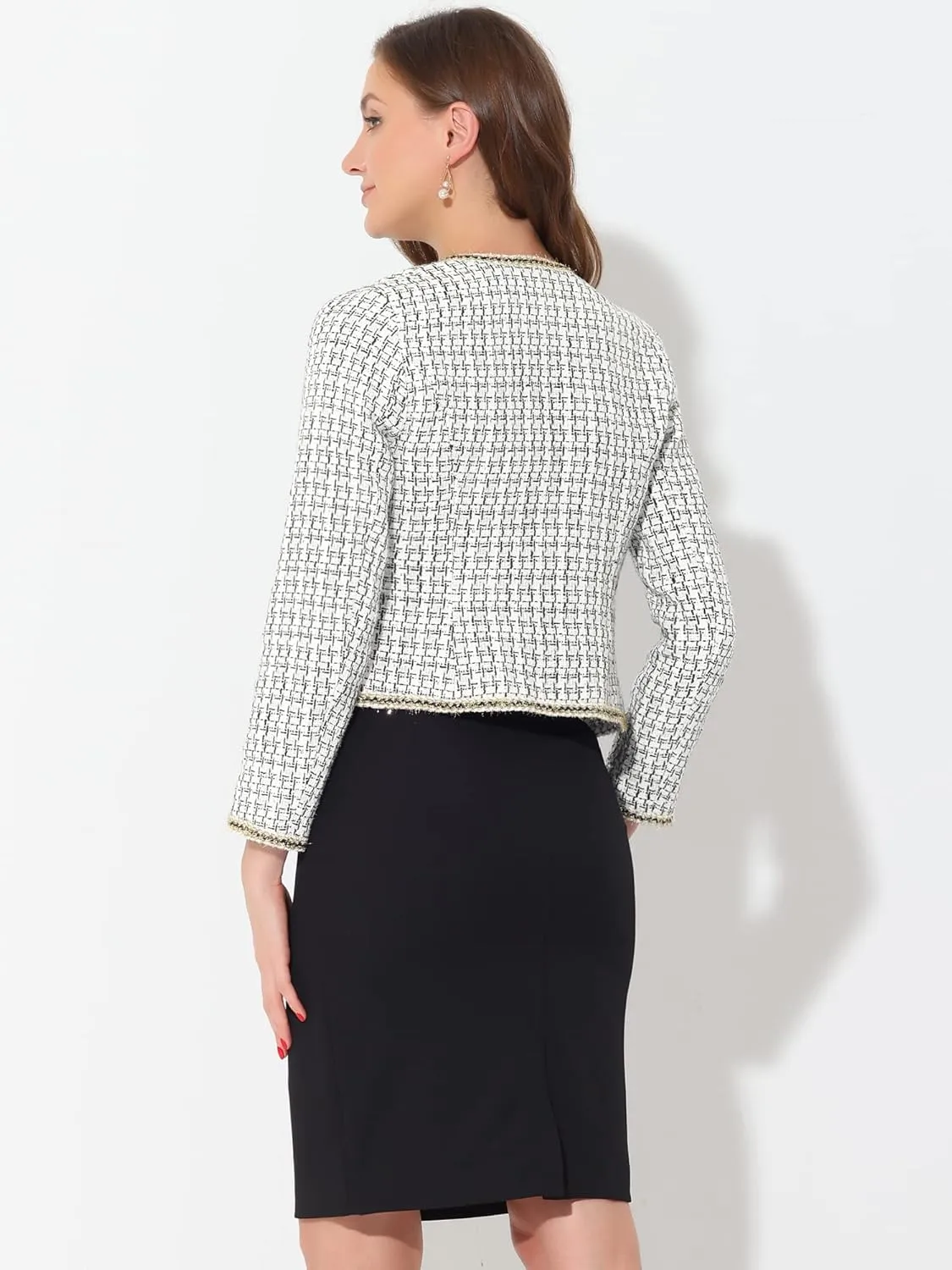 Allegra K Women's Christmas Plaid Tweed Blazer Long Sleeve Open Front Work Office Short Jacket