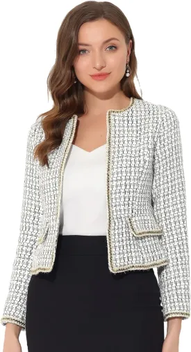 Allegra K Women's Christmas Plaid Tweed Blazer Long Sleeve Open Front Work Office Short Jacket
