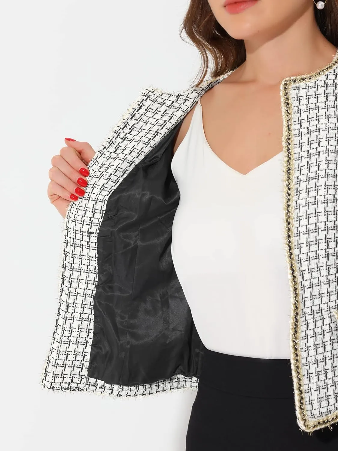 Allegra K Women's Christmas Plaid Tweed Blazer Long Sleeve Open Front Work Office Short Jacket