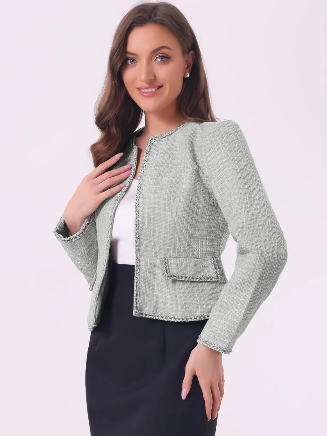 Allegra K Women's Christmas Plaid Tweed Blazer Long Sleeve Open Front Work Office Short Jacket